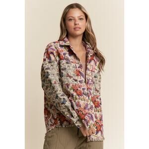 J.NNA Size Medium Violet Copper Butterfly and Floral Print Button Down Jacket